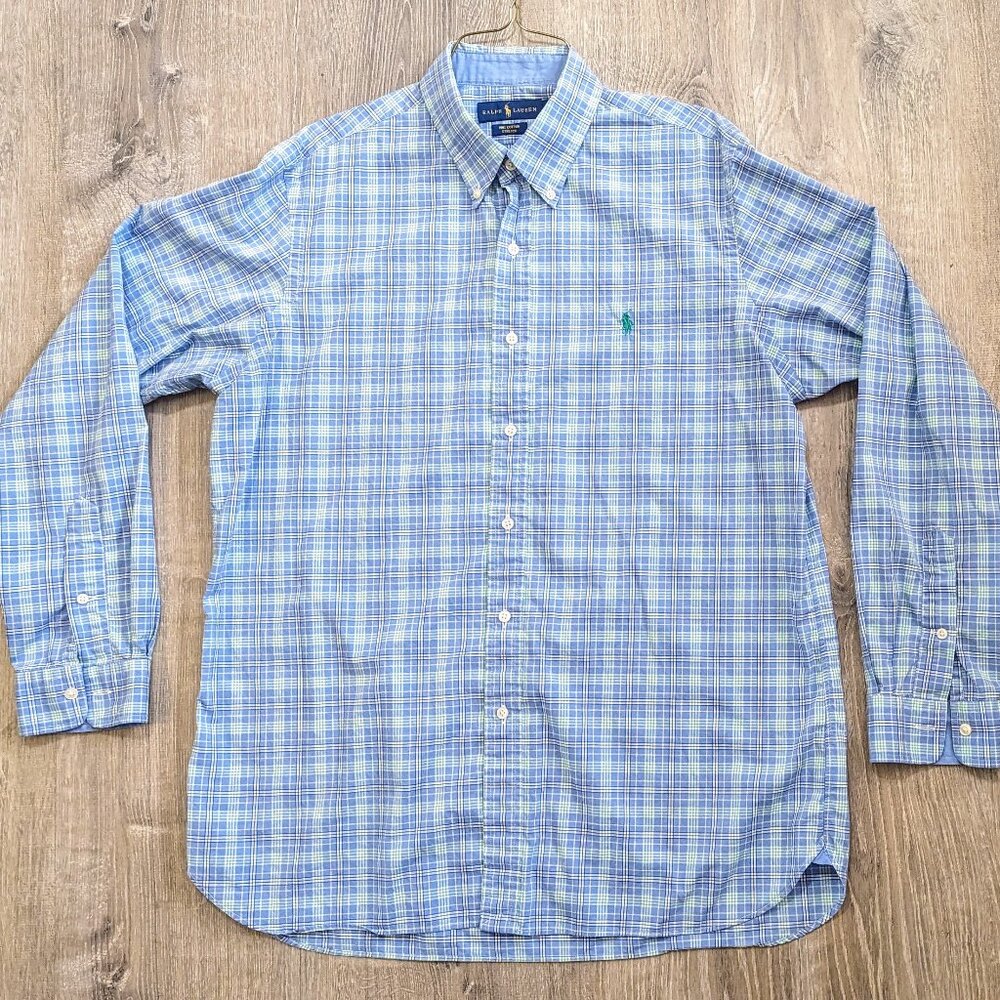 Ralph Lauren Classic Fit Plaid Oxford Shirt Pastel Blue/Green Size LG